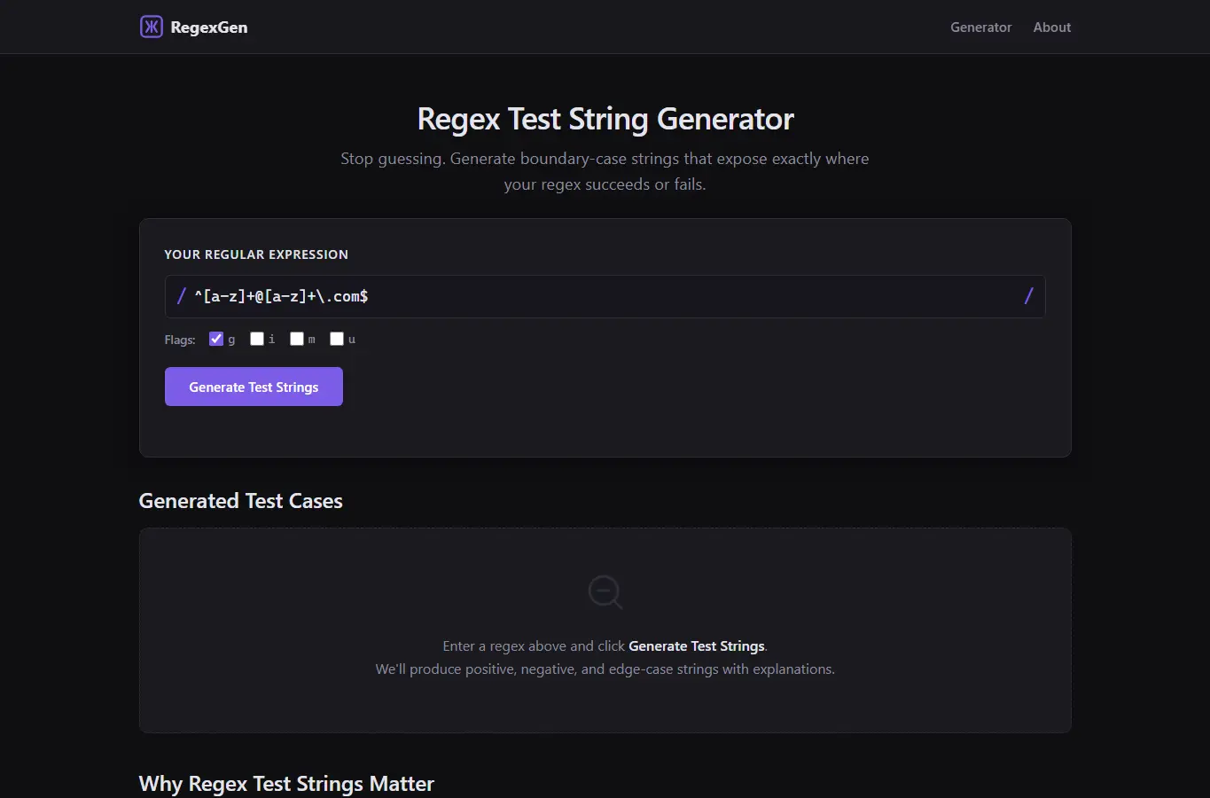 Screenshot of Regex Test String Generator – Edge-Case Debugger interface showing the project page in use